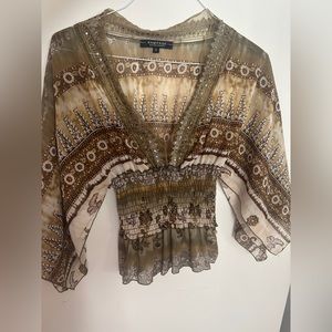 Small green and brown shirt - loose fitting arms and scrunch waist